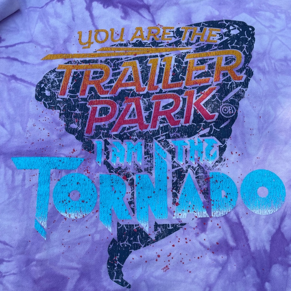 Cheekys Brand Purple Tie-Dye Sweatshirt With Trailer Park & Tornado Print. NWOT